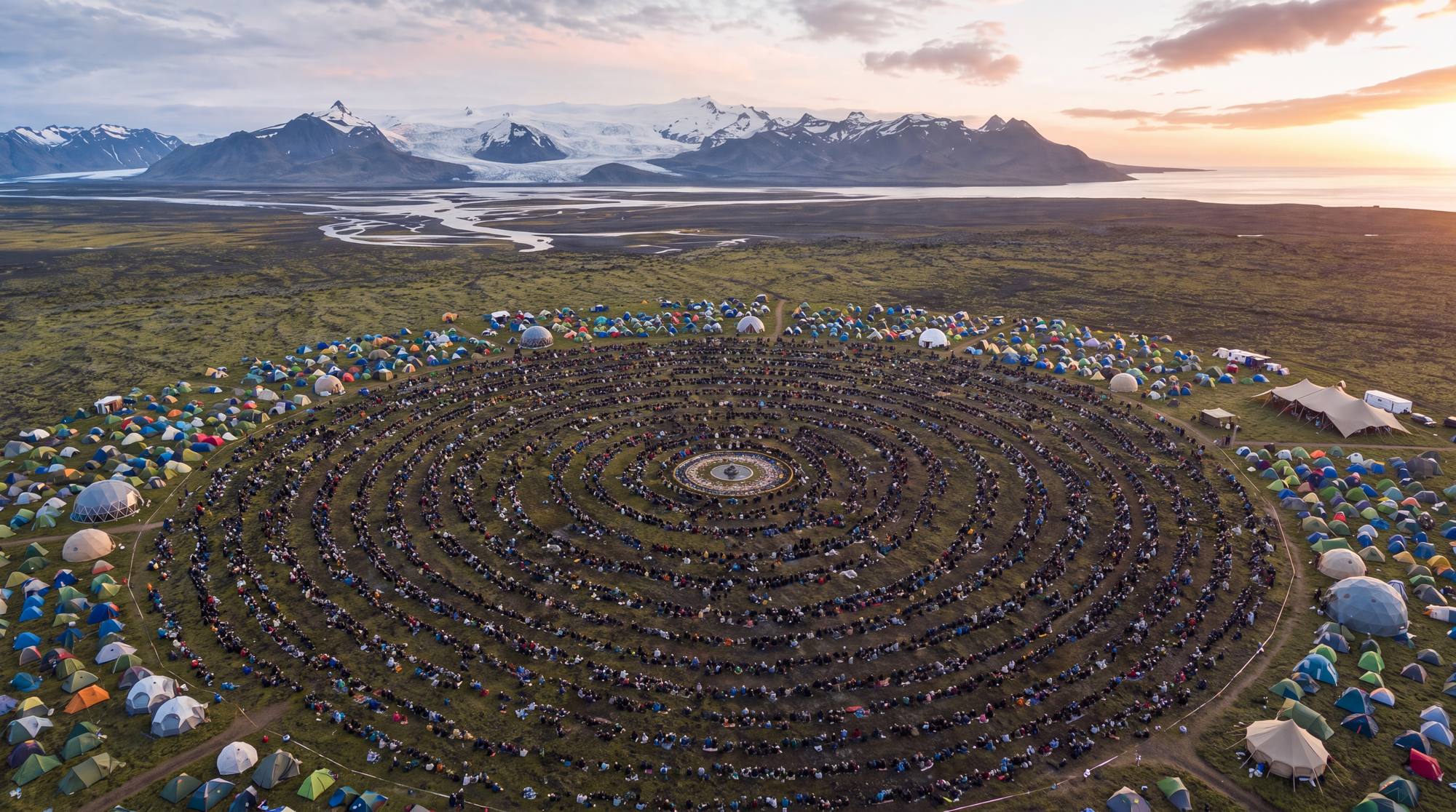 Aerial view of fifteen rings of people seated around a flowered water altar on an Icelandic lava field, a festival campground of tents and domes encircling them, a glacier on the horizon